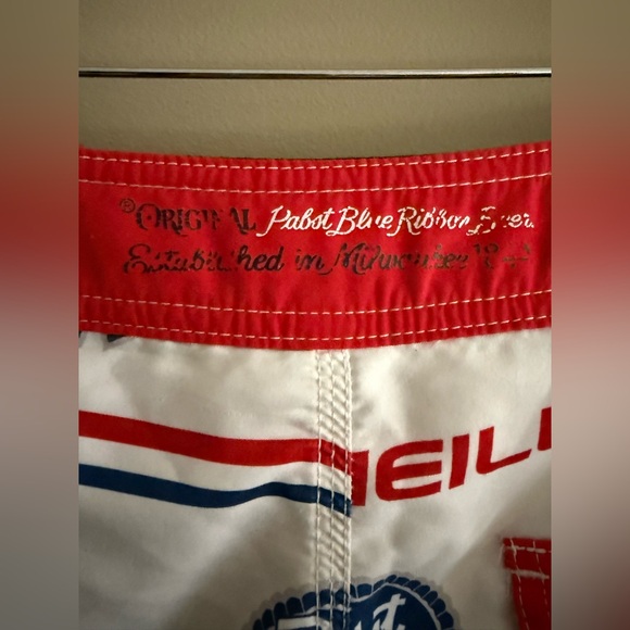 O'Neill White and Blue Pabst Blue Ribbon Logo Board Shorts - Picture 6 of 17